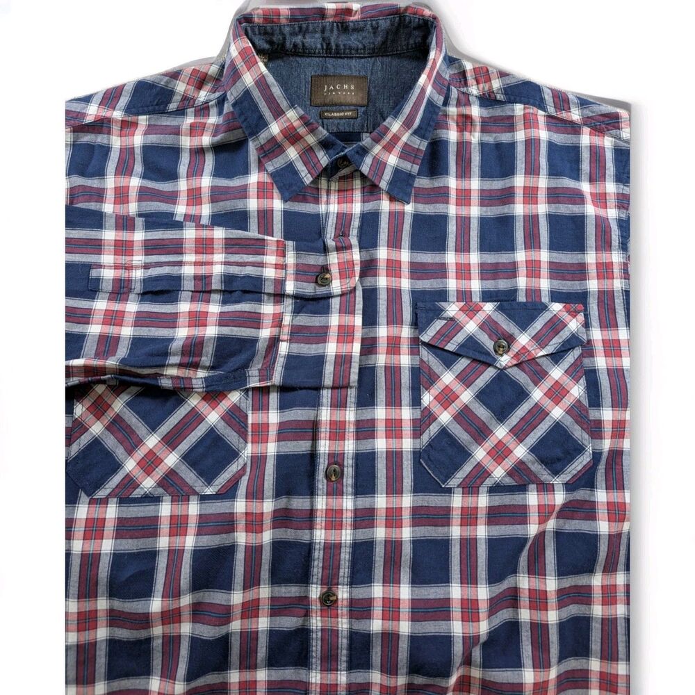 Jachs New York Men’s XL Blue Plaid Button Up Shirt Long Sleeve Pocket